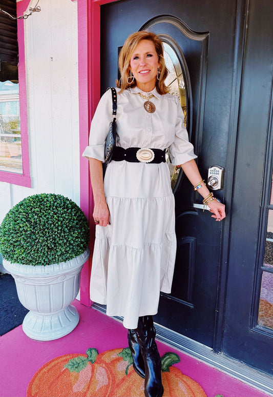 Cream Faux Leather Tier Midi Dress