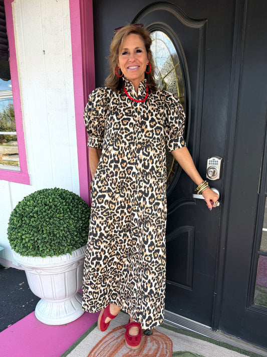 Leopard Ruffled High Neck Midi