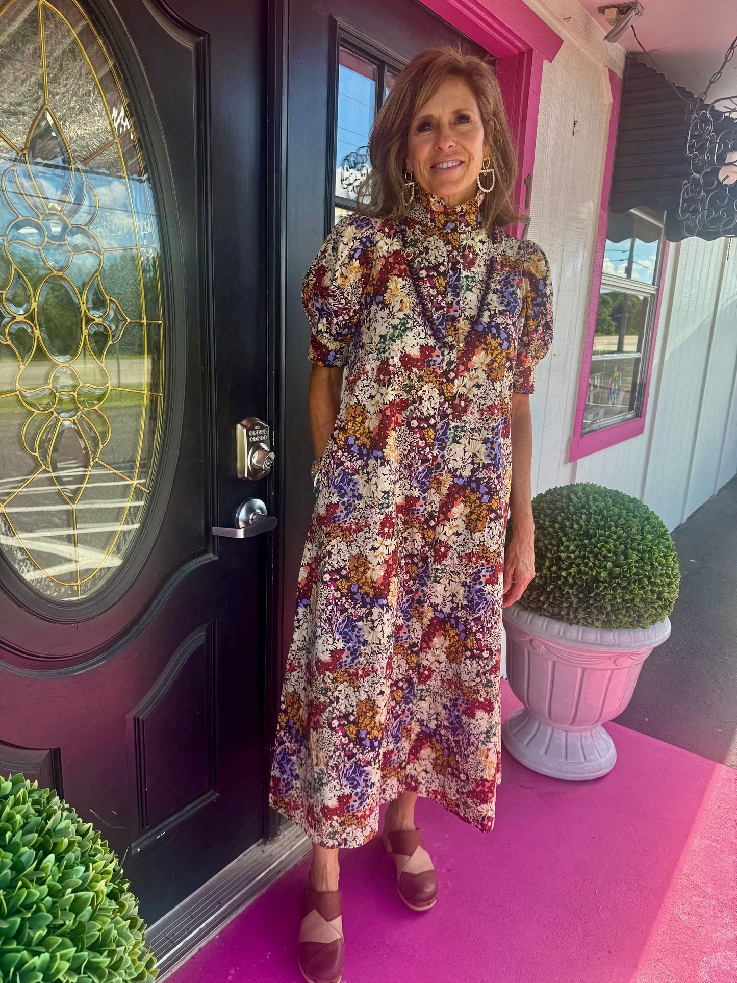 Floral Multi Ruffle Stand Collar Dress