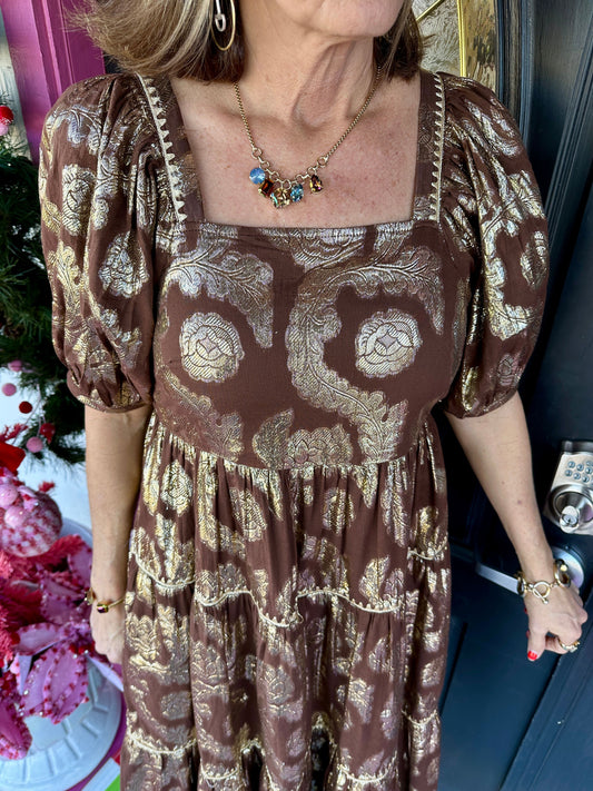 Brown Metallic Roses Midi Dress