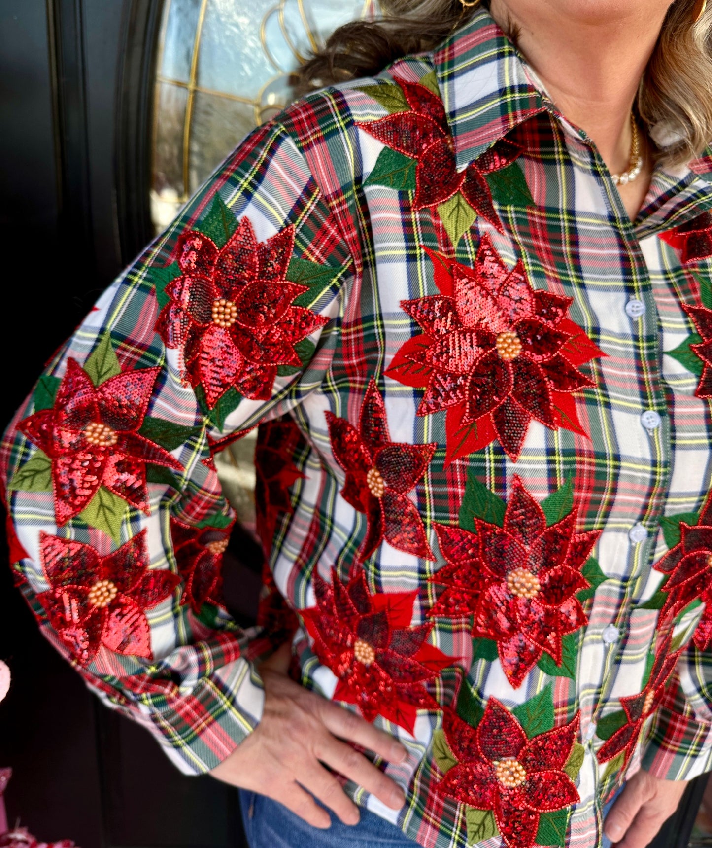 Plaid Poinsettia Button Up Top