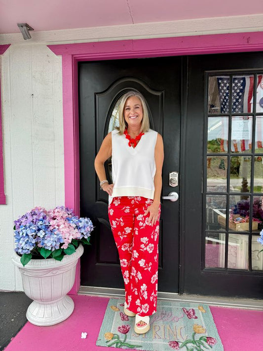 Red & White Floral Pants