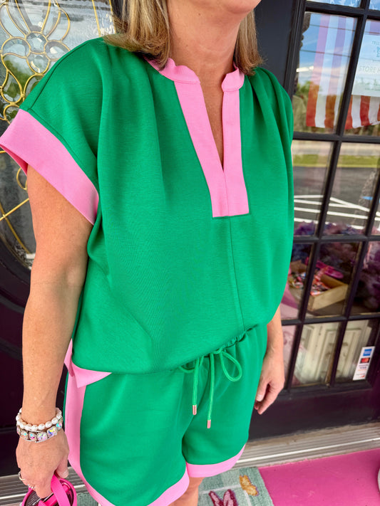 Green Short Set w/Pink Trim