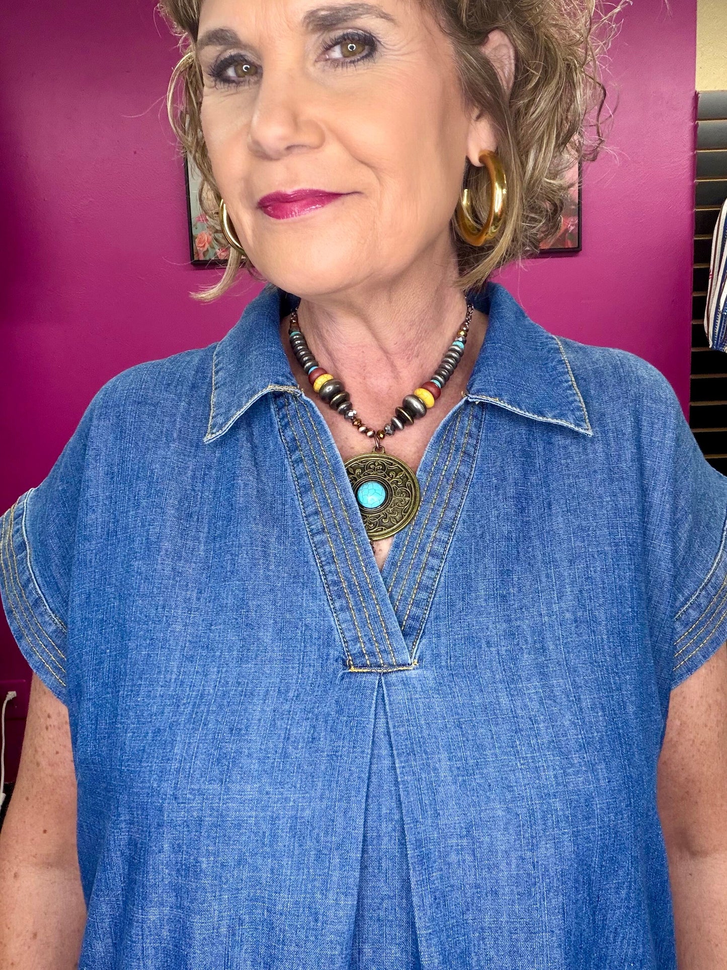 Denim Collar V-Neck Midi