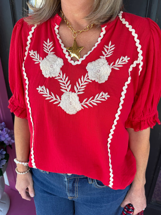 Dana Red Embroidered Top