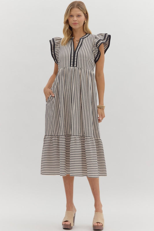Black Stripe V-Neck Midi Dress