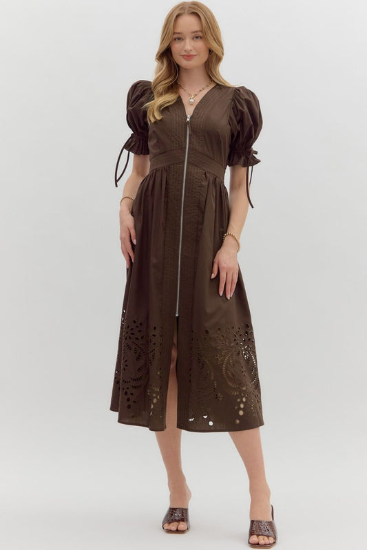 Brown Emb Hem Midi Dress