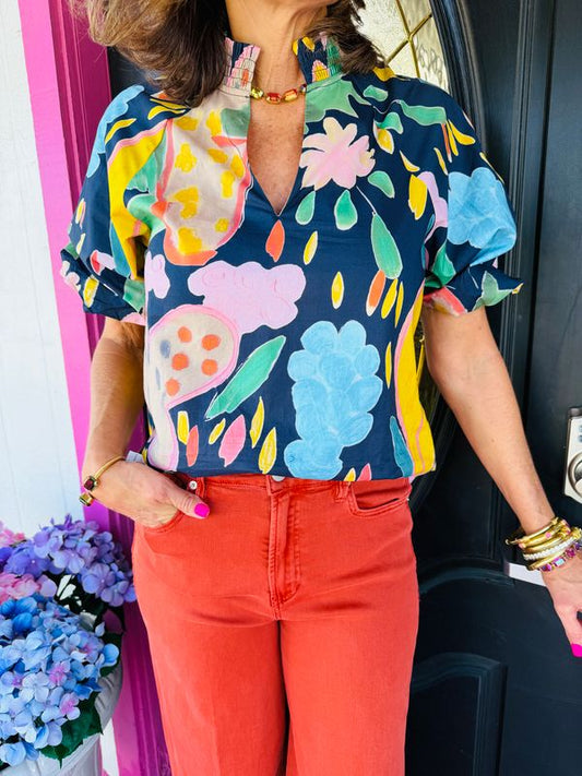 Navy Floral Puff Sleeve Top