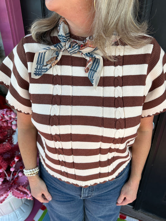 Brown SS Striped Knit Top