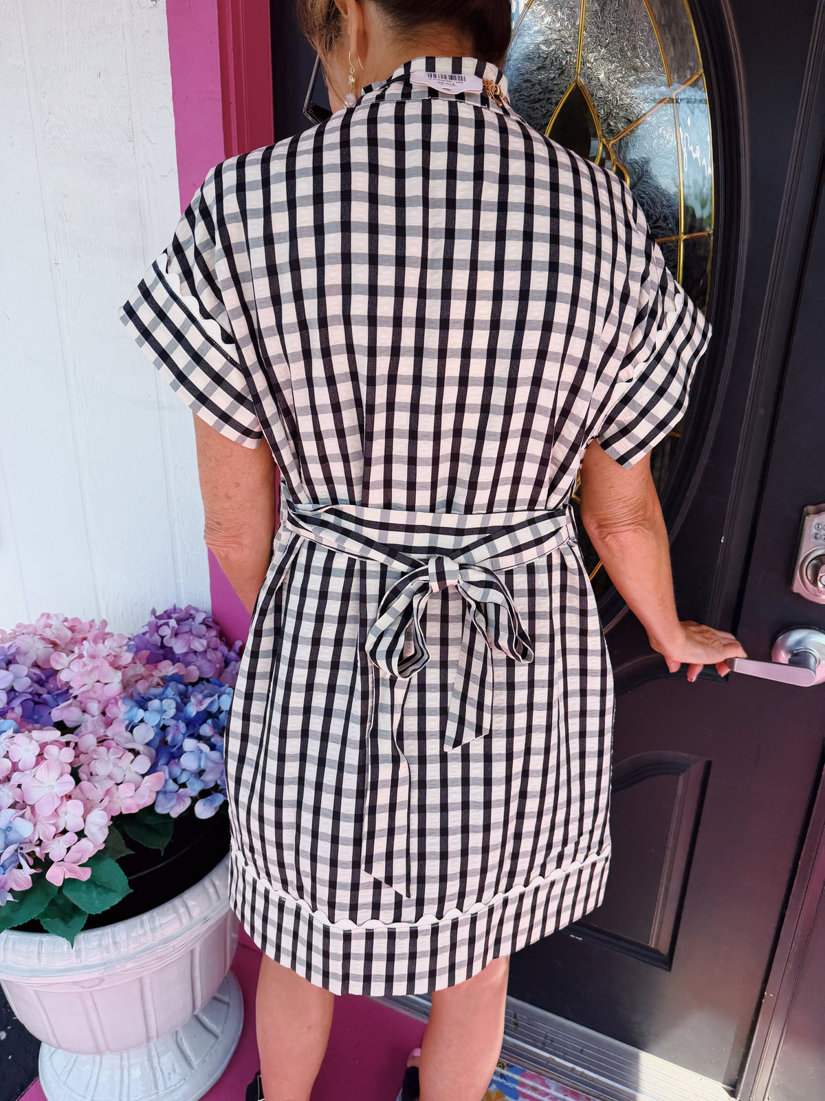 Black Plaid SS Belted Mini Dress