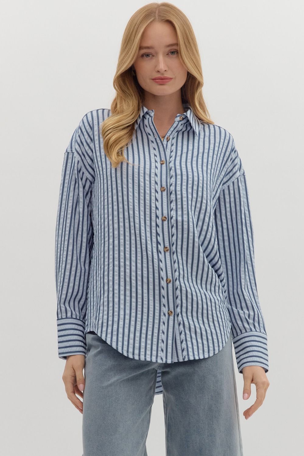 Chambray Stripe Button Up Top