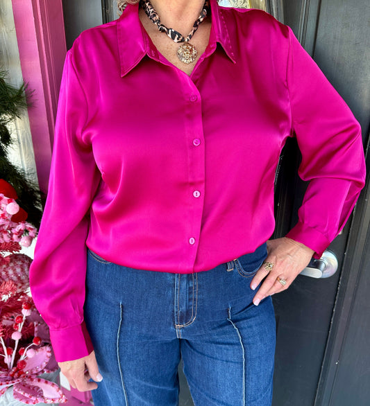 Fuchsia LS Button Front Blouse