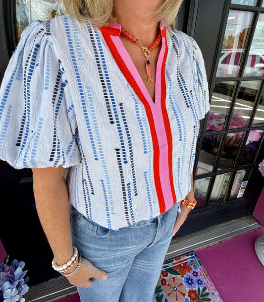 White Puff Slv Top w/Blue Stitch