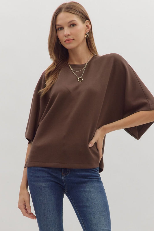 Brown Crew Neck Knit SS Top