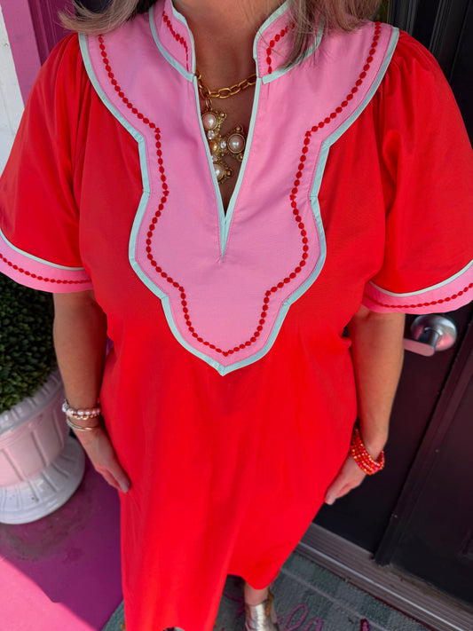 Orange SS V-Neck Midi Dress