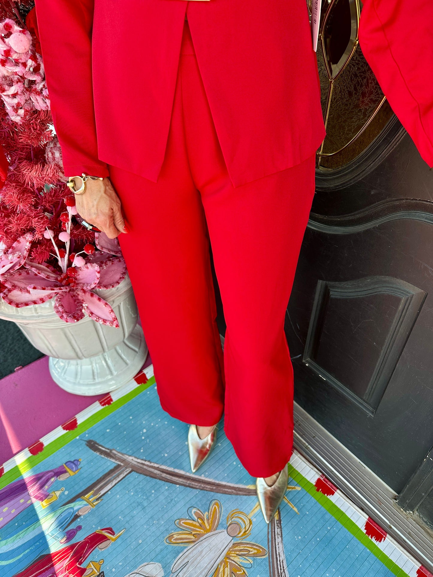 Red LS Belted Wide Leg Pant Set
