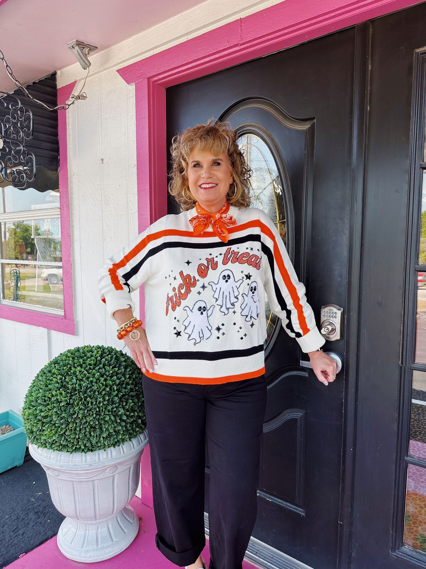 White Stripe Trick or Treat Sweater
