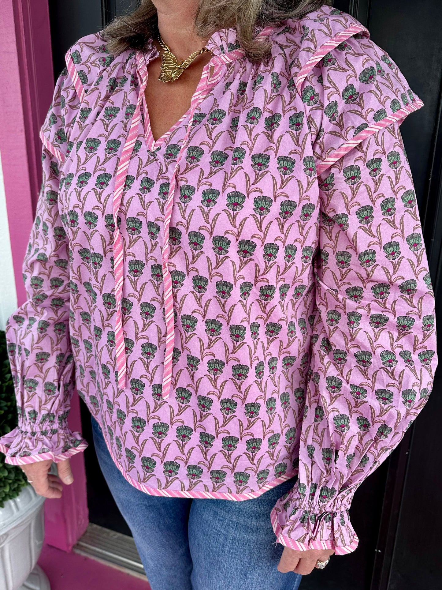 Pink Mix Print V-Neck LS Top
