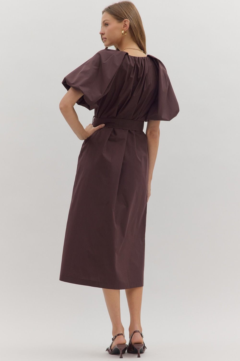 Puff Sleeve Front Zip Midi Dress