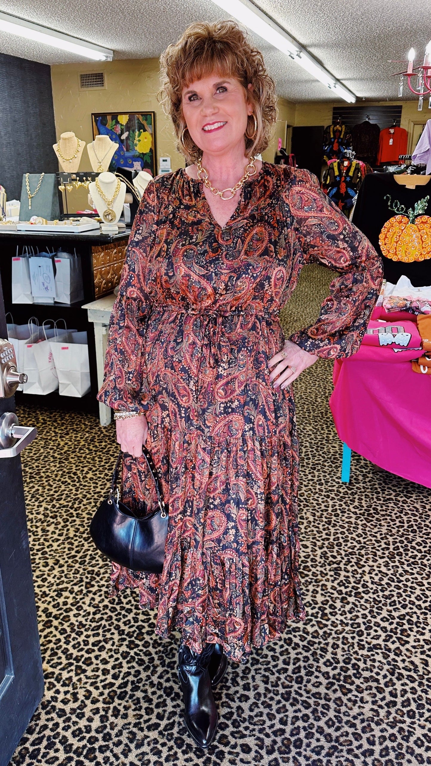 Black Paisley LS Midaxi Dress