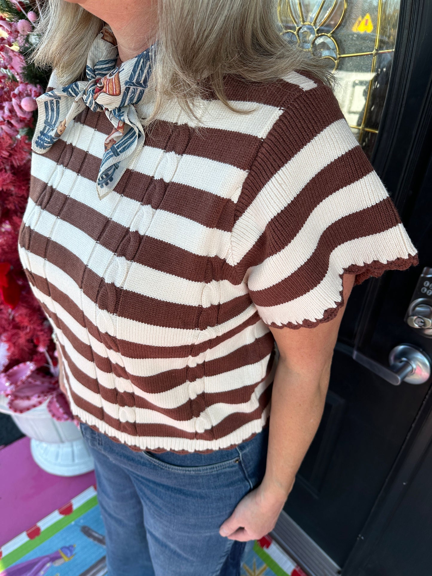 Brown SS Striped Knit Top