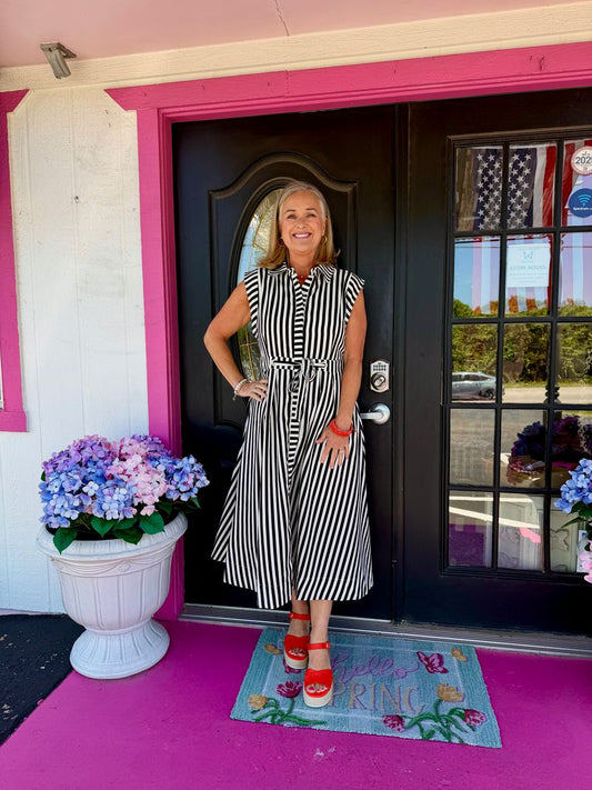 Black Stripe Tie Waist Midi