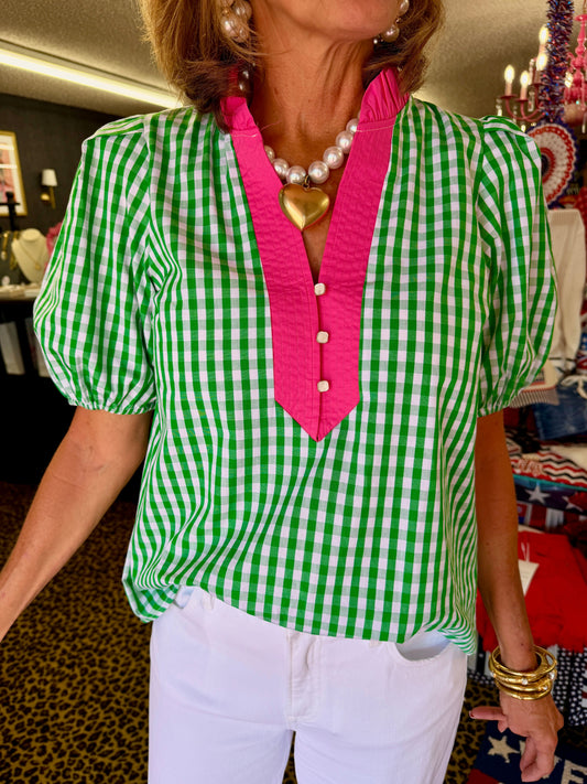 Green Checkered Top W/Pink Trim
