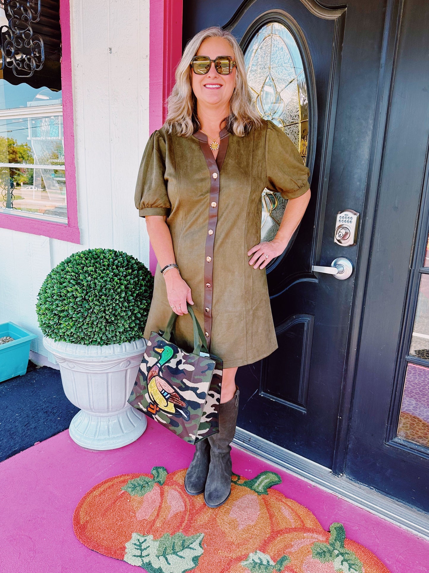Olive Brown Trim Suede Dress
