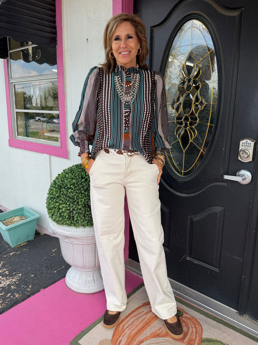 Brown PD w/Teal Stripe LS Top