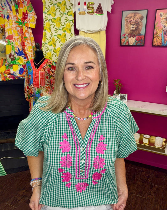 Green Gingham Top w/Pink Emb