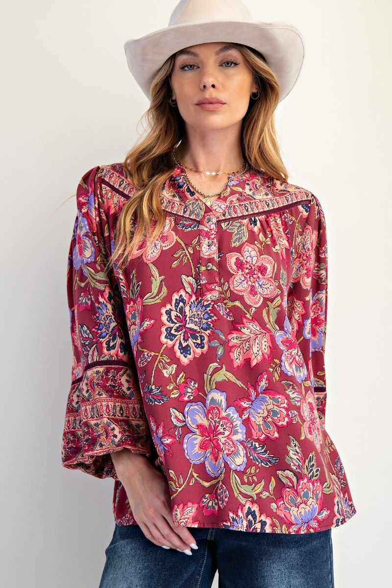 Red Bean Foral Bubble Slv Top