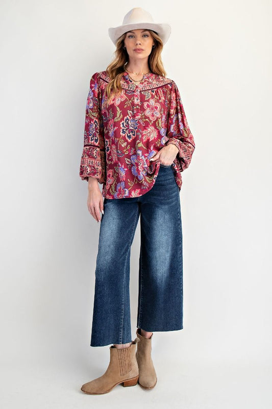Red Bean Foral Bubble Slv Top