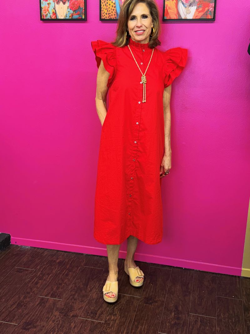 Red Flutter Sleeve Maxi Dress