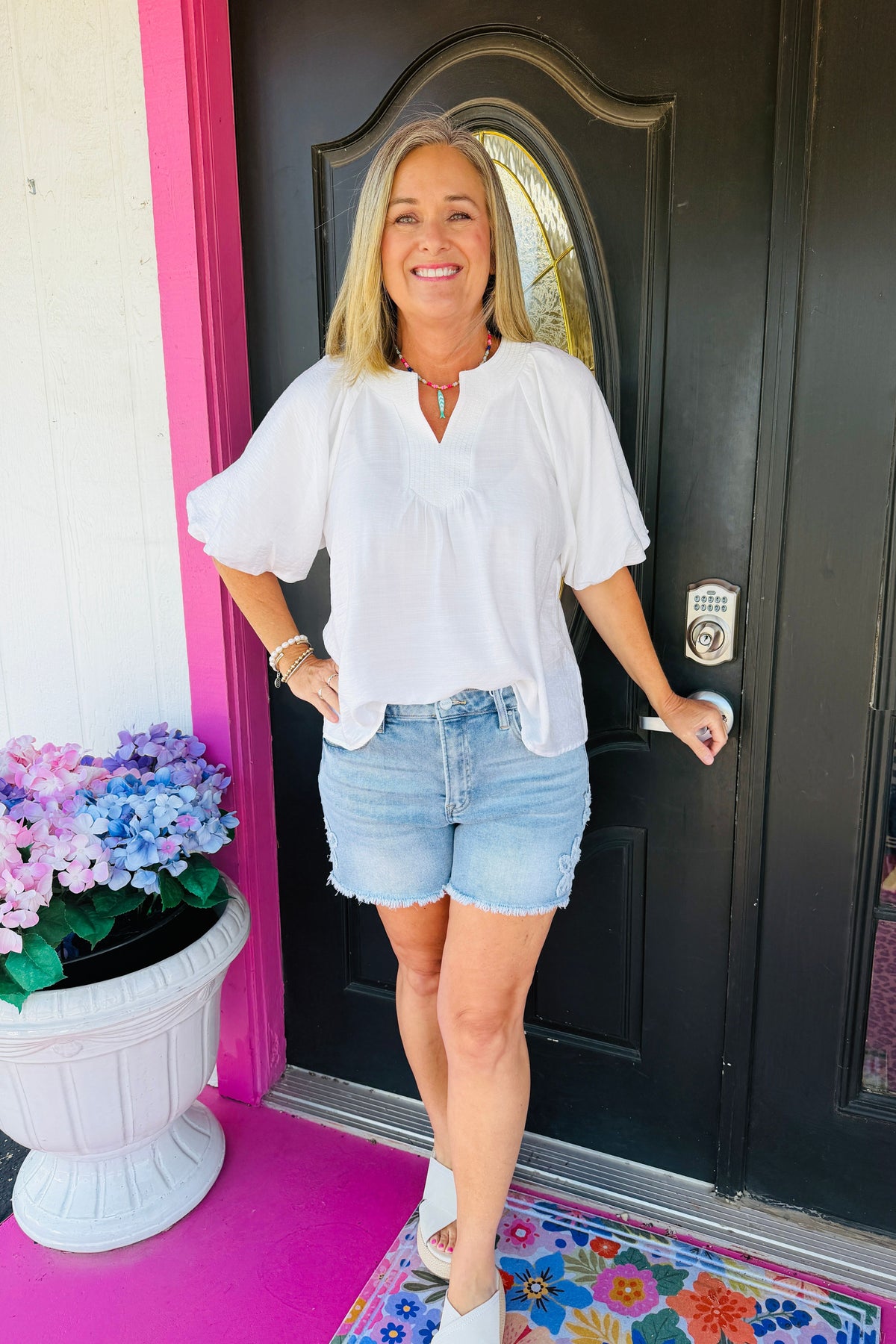 White Split Neck Puff Slv Top