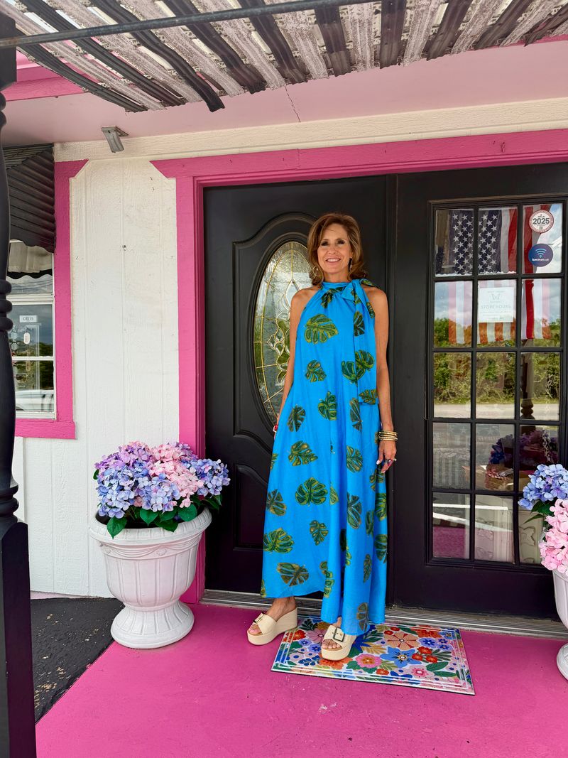 Blue Tropical Sleeveless Tie Maxi