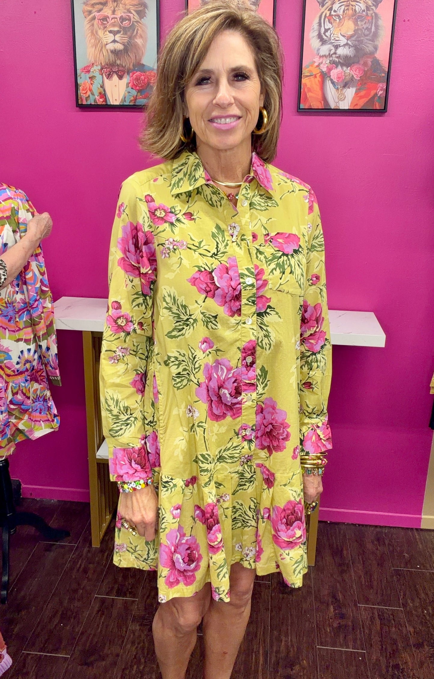 Lime Roses Pleated Shirtdress