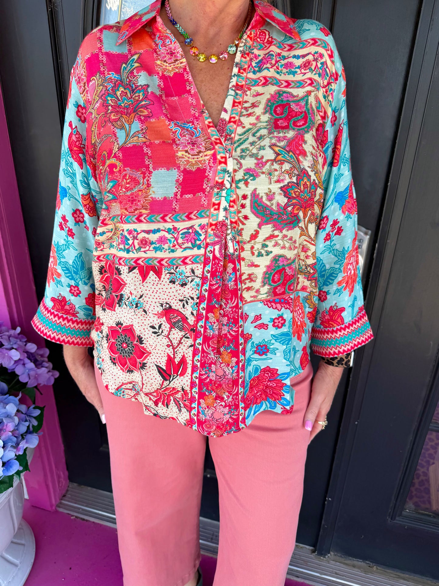 Peach Multi Linen V-Neck Top