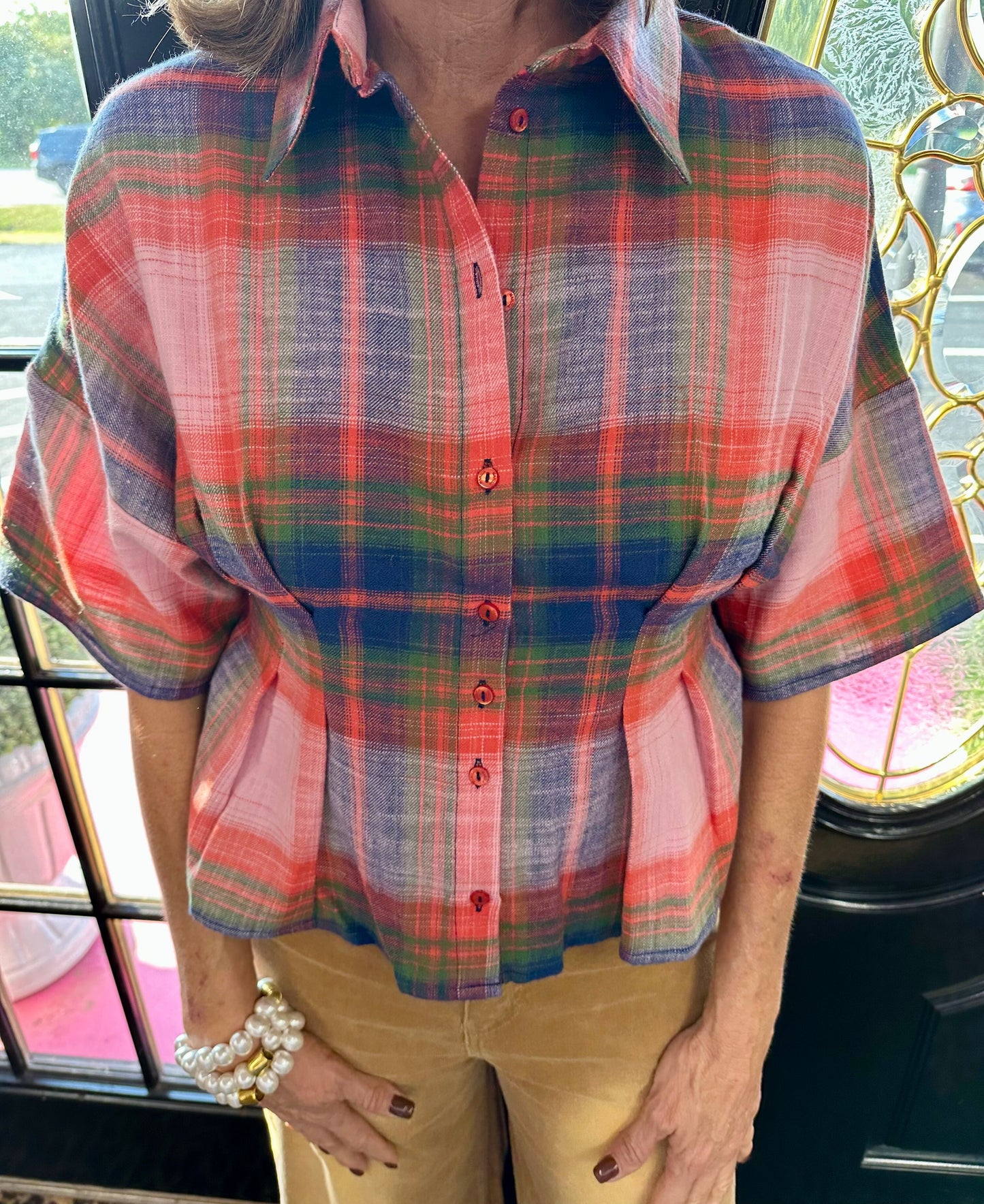 Perla Passion Plaid Fitted Top