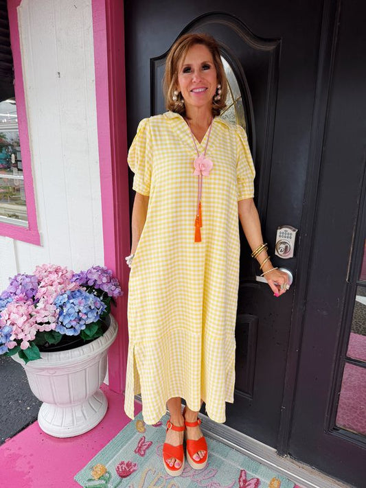 Yellow Gingham Midi Dress