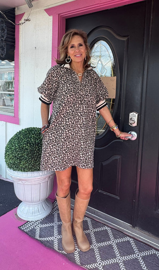 Leopard Zip Neck Sleeve Trim Dress