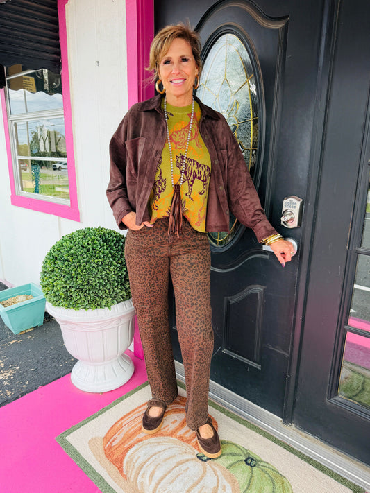 Olive Knit Top w/Multi Tigers