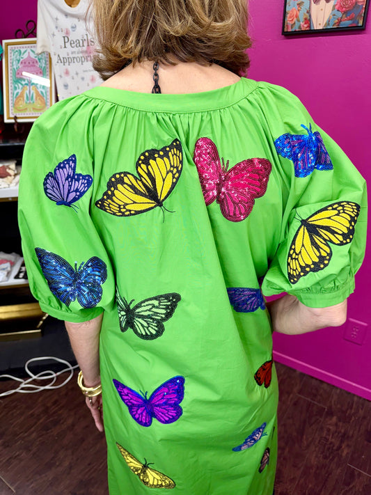 Green Multi Butterfly Button Midi