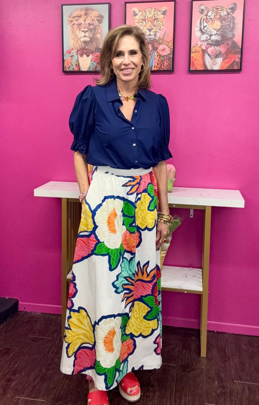 Navy Elbow Puff Sleeve Top