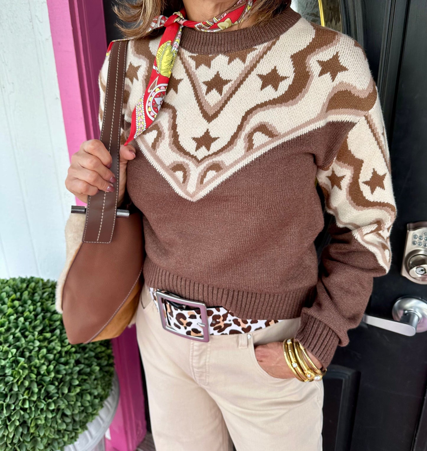 Brown LS Star Detail Sweater