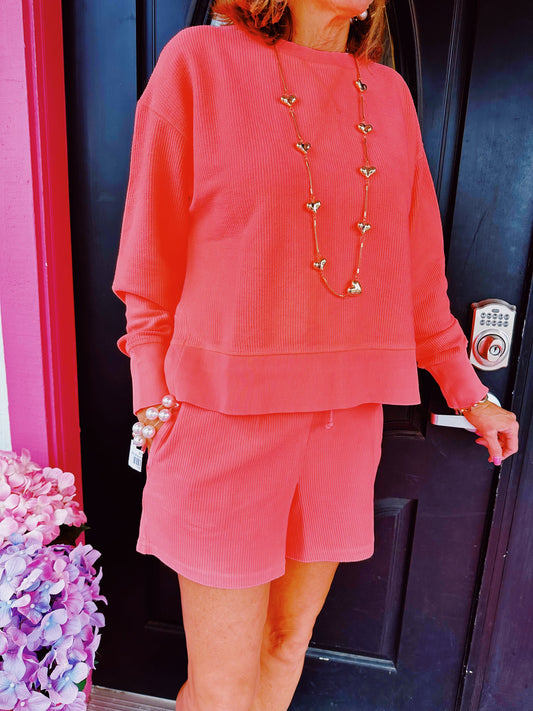 Neon Coral LS Slit Crew Top