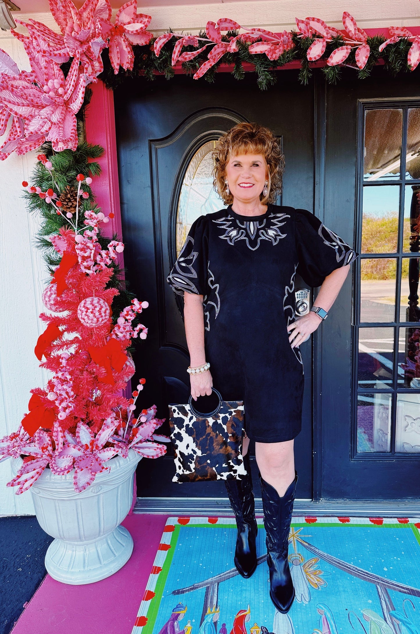 Black Embroidered Suede Dress