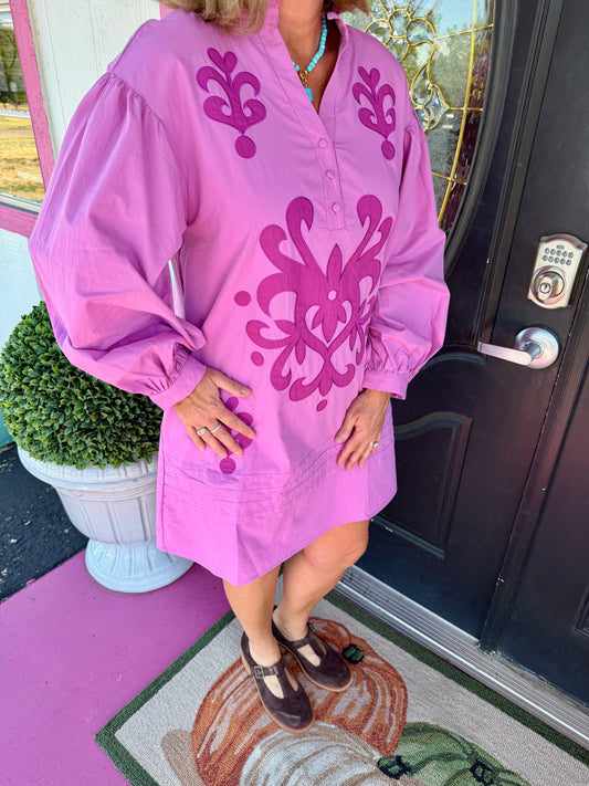 Orchid LS Mini Dress w/Emb