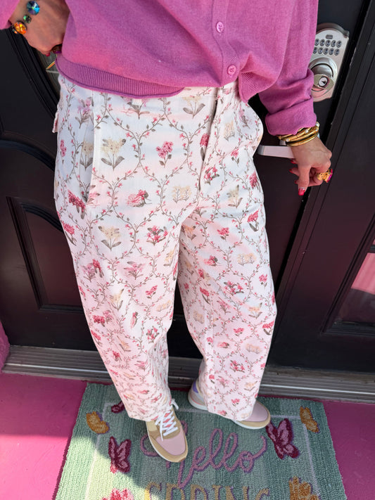 Cream Floral Denim Pant