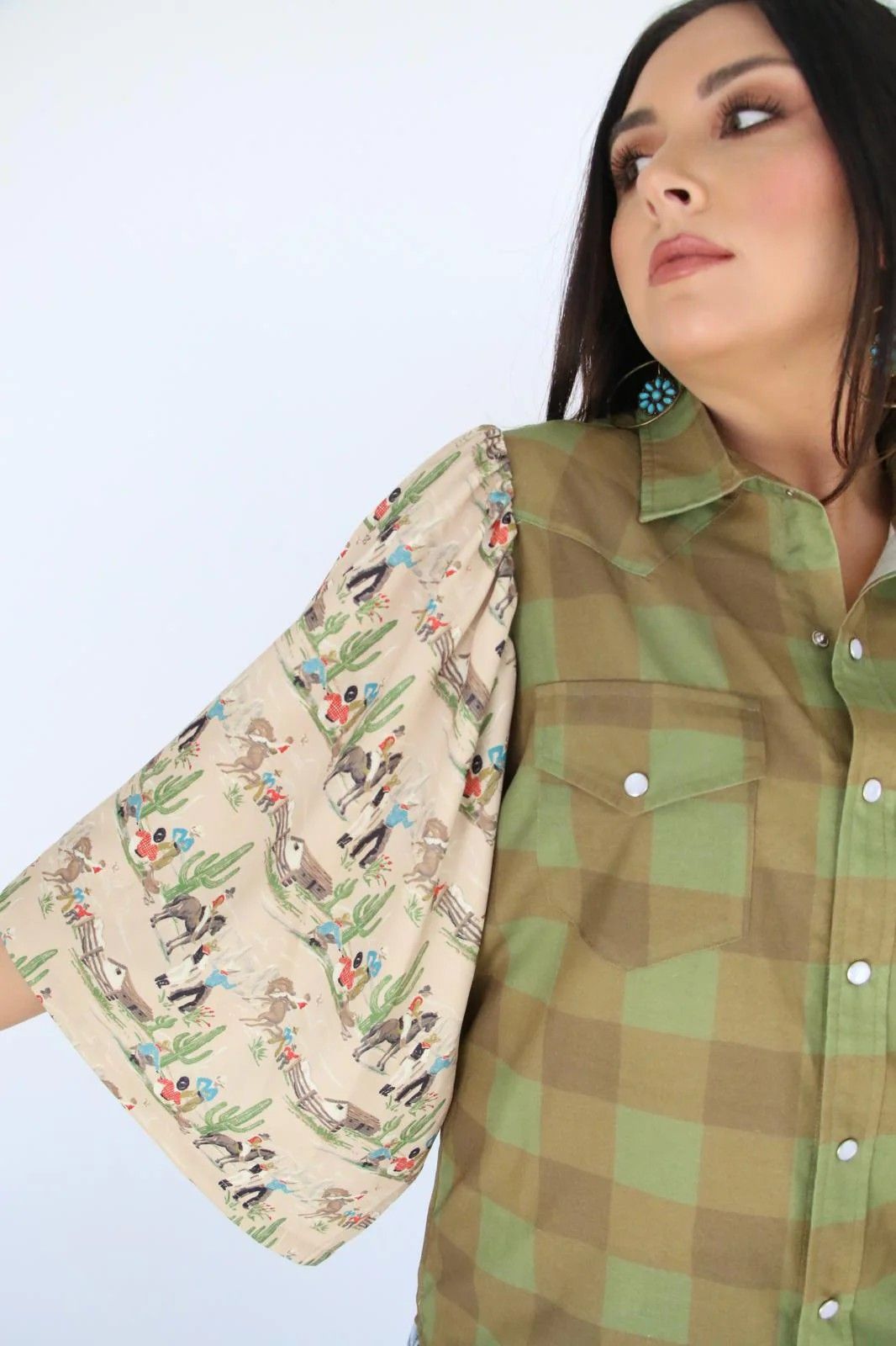 Green Gingham Western Top