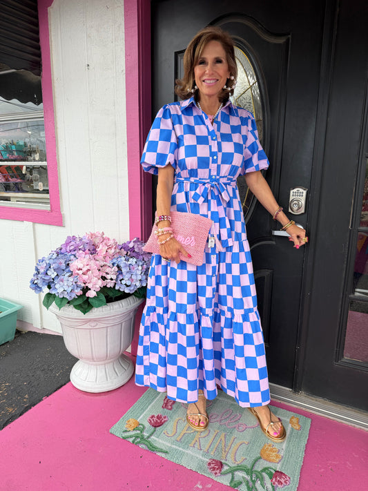 Blue Pink Check Puff Maxi Dress